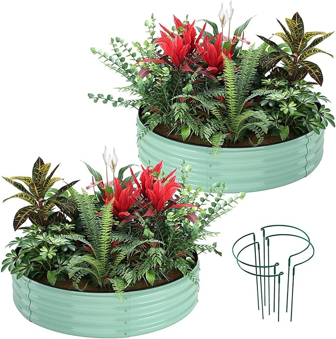 ZFHgarden Galvanized Metal Planter Round Raised Garden Bed Kit for Gardening Outdoor，2x2x1ft 2PC Grow Garden Box Raised Flower Bed，Round Galvanized Planter Outdoor Metal Fire Pit Ring Green