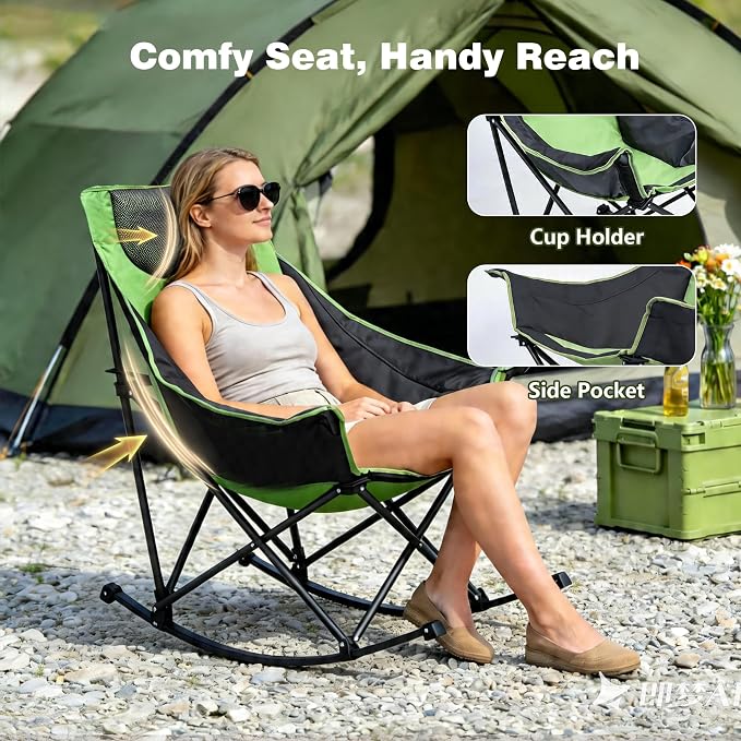 SUNNYFEEL Oversized Rocking Camping Chair, Fully Padded Patio Chair with Side Pocket, High Back Portable Lawn Recliner with Headrest, Outdoor Camp Rocker Chairs for Adults Heavy Duty 500 LBS Carry Bag