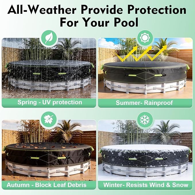 15Ft Round Pool Cover for Above Ground Pools, Safety Solar Pool Covers with Reflective Strips, Rope and Luminous Nails, Upgraded Thicker Oxford, PU Tarp Snug, UV Protected, Windproof, Tear Resistant
