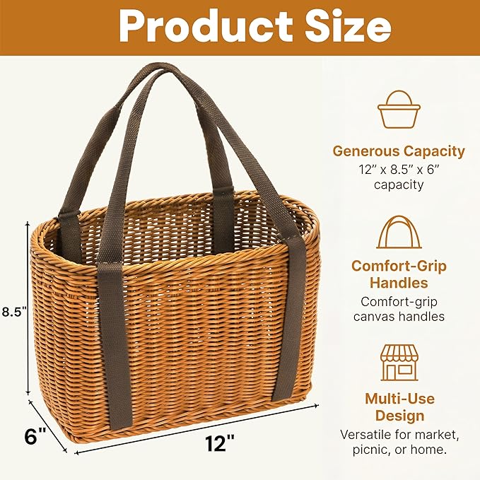 Wicker Shopping Basket with Handle, 12" x 8.5" x 6" Hand-Woven Picnic Basket, Open Top Market Harvest Basket for Food Storage, Kitchen Organization, Home Decor, Camping, Easter Eggs, Gifts