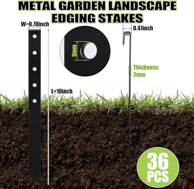 Fumete 36 Pcs 10'' Metal Landscape Stakes Bulk Garden Ground Edging Spikes with Holes Heavy Duty Anchoring Spike Carbon Steel Lawn Stake for Flowerbed Edging Grass Board Barrier Yard(Black)