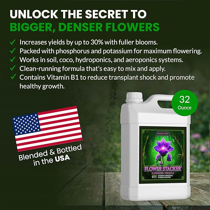 Humboldts Secret Flower Stacker | 0-7-5 Bloom Booster with Vitamin B1 | High Phosphorus Potassium Flowering Nutrients | Potting Soil Hydroponics Coco | Indoor & Outdoor Plants | 32 Ounce