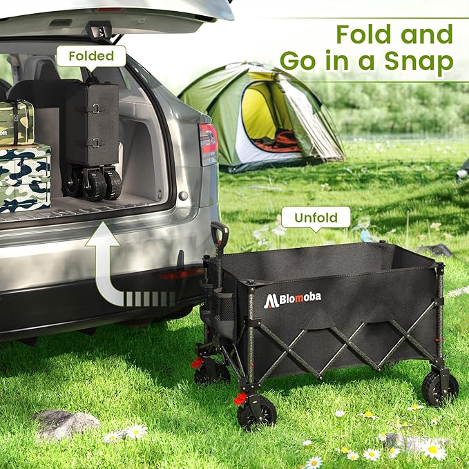 Blomoba Folding Wagon Cart with Wheels, 180L 330LBS Heavy Duty Utility Wagon, Beach Wagon with All-Terrain Wheels, Portable Grocery Wagons for Camping, Shopping, Garden, Sports, Black