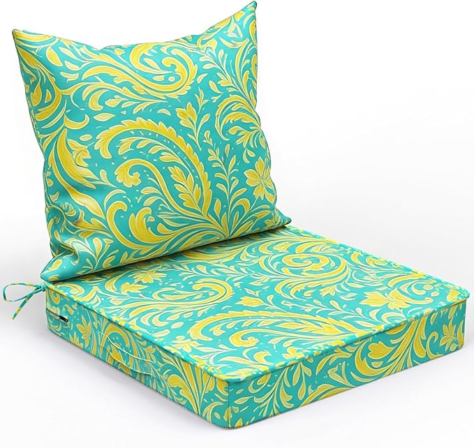 COZEER Patio Chair Cushions 24x24 Inch, Waterproof Fade Resistant Outdoor Cushions for Patio Furniture, Edge Binding Design with Handle, Adjustable Straps & Hook and Loop Fastener (Pattern)
