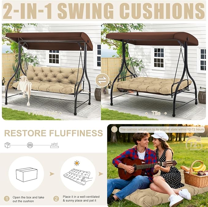 Porch Swing Cushions Outdoor 60 inch x 40 Waterproof Swing Cushions 3 Seater Replacement with Backrest & 8 Ties 5" Thick Bench Swing Cushions for Outdoor Furniture Patio(Khaki)