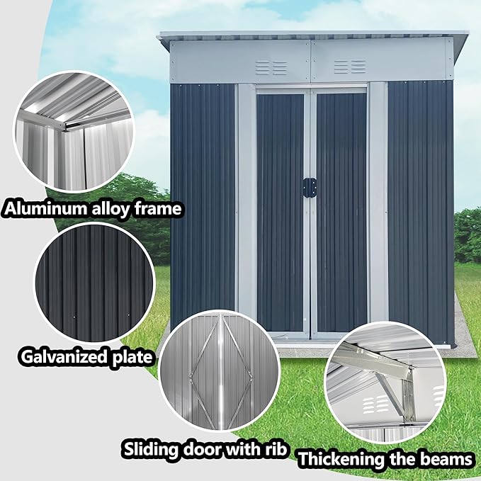YOPTO 5x3FT Storage Shed with Sliding Lockable Door,Metal Outdoor Tool House W/Sloped Roof,All Weather Waterproof,for Backyard,Patio,Lawn,Garden,Grey