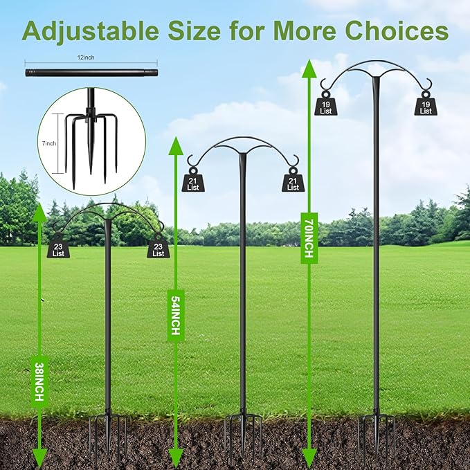 70 Inch Shepherds Hooks for Outdoor,Heavy Duty Shepherds Hooks for Outdoor with 5 Prong Base, Adjustable Stand Hanger for Garden Plant, Hummingbird Feeder, Lantern, Hanging Wedding Decor (2 Pack)
