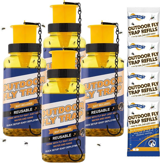 4 Pack Fly Trap with 4 Natural Fly Mixture,Reusable Outdoor Hanging Ranch Horse Fly Trap Bottle Catcher Jar Killer Control Hunter for Outside, Orchard, Patio, Garden