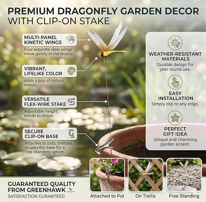 8PCS Dragonfly Clips,3D Colorful Fake Dragonflies,Plastics Dragon Fly Hat Clips,Fake Dragon Fly for Outdoor,Indoor, Garden Stakes Yard Patio