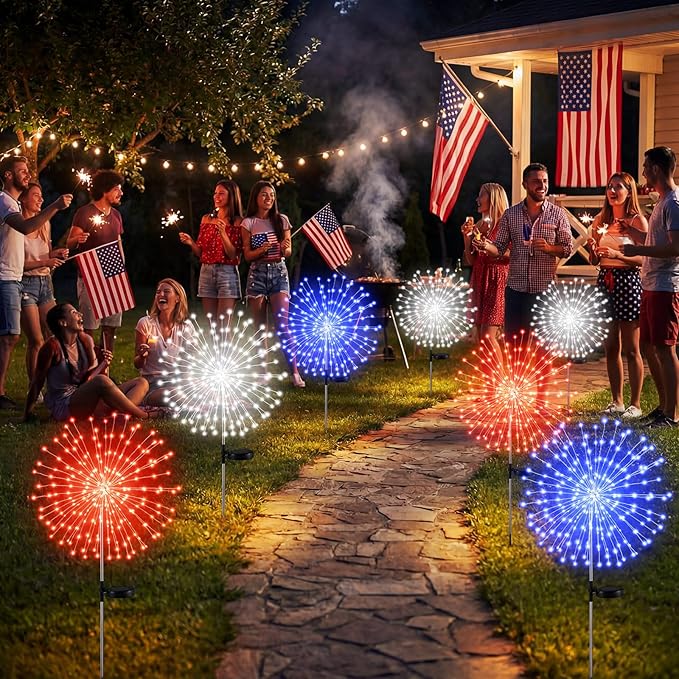 Tujoe 9 Pcs 4th of July Solar Firework Lights Patriotic Solar Light Outdoor Garden 120 LED 8 Modes Waterproof LED Sparkler Light for 250th Anniversary Patio Yard Pathway Walkway (Red,White,Blue)