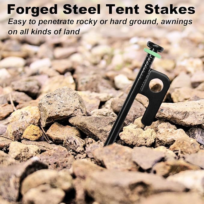 16Pcs Tent Stakes, 16in Heavy Duty Tent Stakes with Storage Pouch, Forged Steel Tent Sakes Metal, Metal Stakes for Tent Used on Grassland, Snowfield, Dessert(16Pcs, 16in, Diameter 1/4")