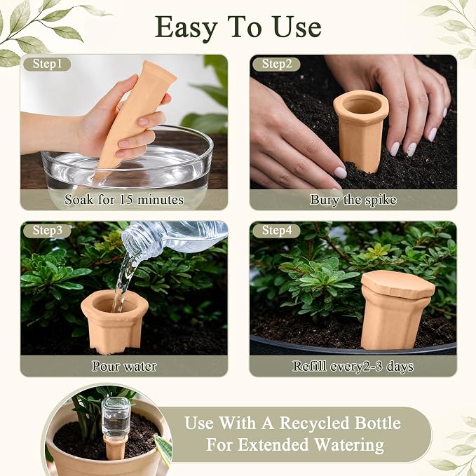12 Pack Terracotta Watering Spikes with Lids Plant Watering Spikes Automatic Plant Waterer Devices Outdoor Indoor Vacation Friendly Slow Release Self Waterer Planter Insert(Large)