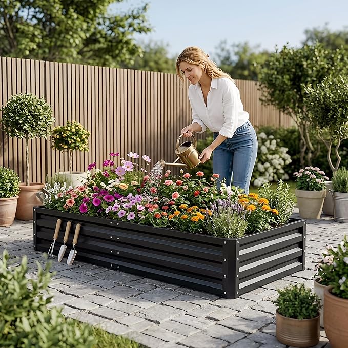 ONCEMORE Galvanized Raised Garden Bed for Vegetables Flowers Herbs, Cover Outdoor Extra-Thick Metal Planter Box Kit,w/Tomato Cage, Labels, Tool, 6×3×1FT Black(Clear)