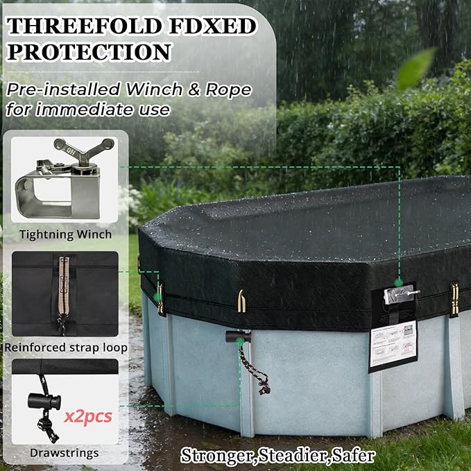 QH.HOME 550D 18x33 FT Oval Pool Cover [Upgraded Tear Resistant & Threefold Windproof] wth Pre-Installed Winch and Rope,Pool Covers for Above Ground Pools Oval-Snug Fit & Waterproof Protection