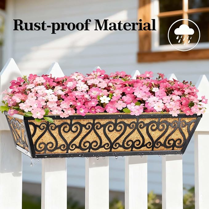 2 Pack 30 Inch Deck Railing Planter Box - Window Boxes Planters with Adjustable Brackets Coco Liners Balcony Planters Railing Hanging for Window Flower Boxes Outdoor Garden Decor