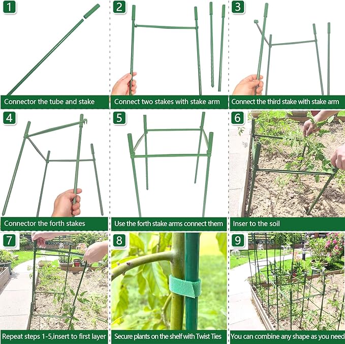 6Pack 18.5" Width Up to 63" Height Adjustable Square Tomato Cages for Garden, Plant Support Stakes for Climbing Vegetable, Tomatoe, Flower, with Twist Ties Snap-On Stake Arms