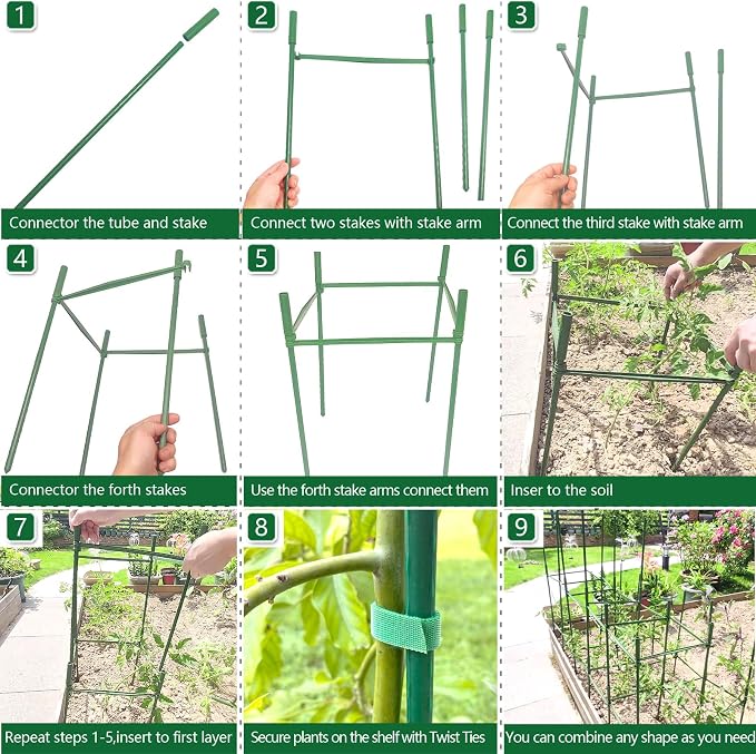 3Pack 12" Width Up to 63" Height Adjustable Square Tomato Cages for Garden, Plant Support Stakes for Climbing Vegetable, Tomatoe, Flower, with Twist Ties Snap-On Stake Arms