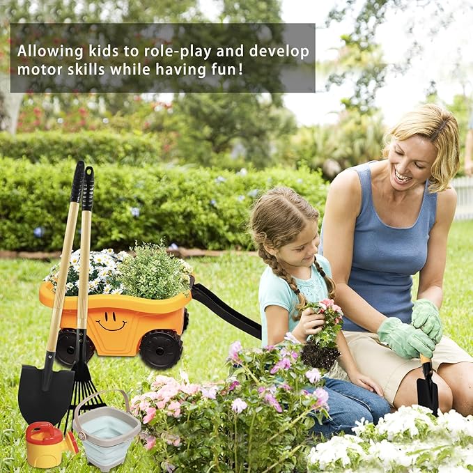 Toddlers Rake & Shovel Set with Wheelbarrow, Kids Yard Tools for Digging, Gardening, Beach, Sandbox, Lawn, Camping, Summer Outdoor Garden Toys Gifts for Children Age 2-5 Years Old