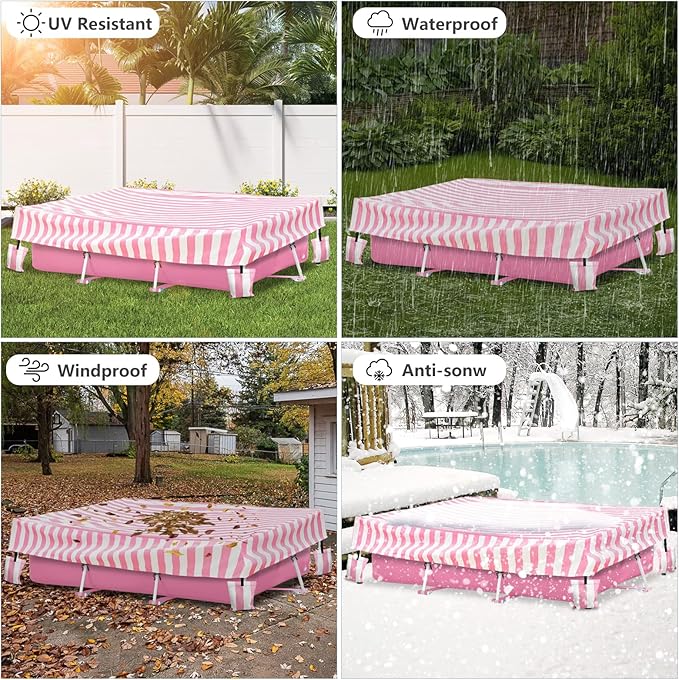 Rectangular Pool Cover,Waterproof Covers for 7' x 5' x 24" Rectangular Metal Frame Above Ground Outdoor Swimming Pool,with Tie-Down Ropes & 4 Sandbags,Increase Stability(Cover only,Pink)