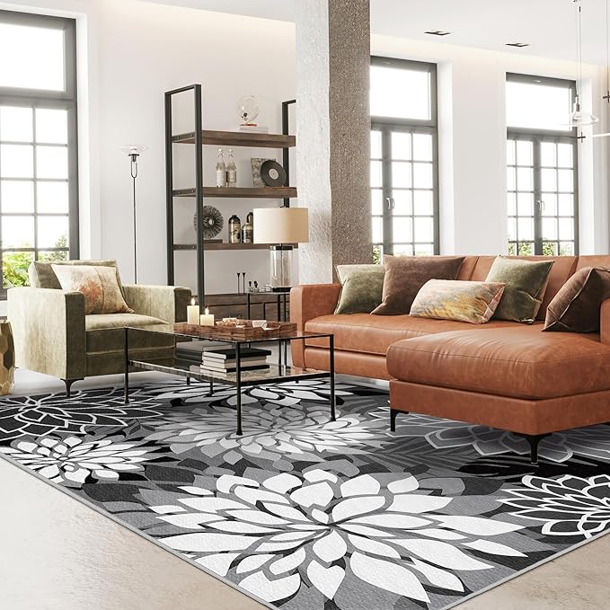 5x8 Outdoor Area Rug Washable Multicolored Patio Rug Tropical Botanical Floral Chenille Waterproof Outdoor Carpet for Living Room, Deck, Backyard, Porch, Black