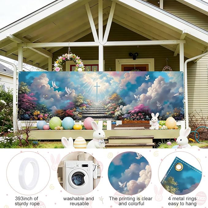 Christian Cross Fence Banner 118 x 35 Inch, Large Waterproof Outdoor Religious Banner with Stairway to Heaven Clouds & Doves for Yard Porch Fence Church Decorations