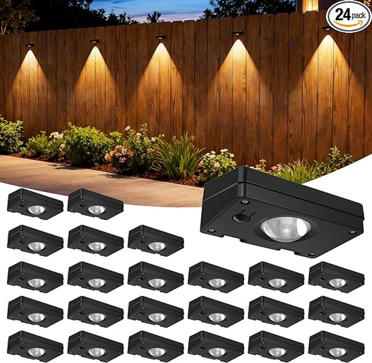 24 Pack Solar Fence Lights Outdoor, 3 Color Temp, IP65 Waterproof, Cost-Effective Solar Lights for Patio Yard Railing