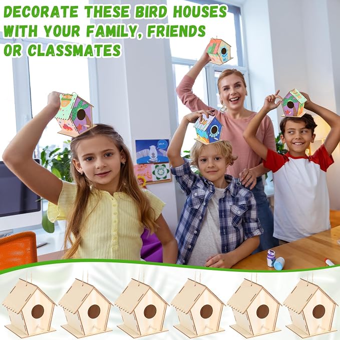 DoubleFill 48 Pack 4.3" Wooden Bird Houses Bulk for Kids with Front Perch Peg, DIY Kid Art Craft Outdoor Birdhouse Kit Unfinished Hanging Birdhouse Class Activity for Girls Boys to Build and Paint