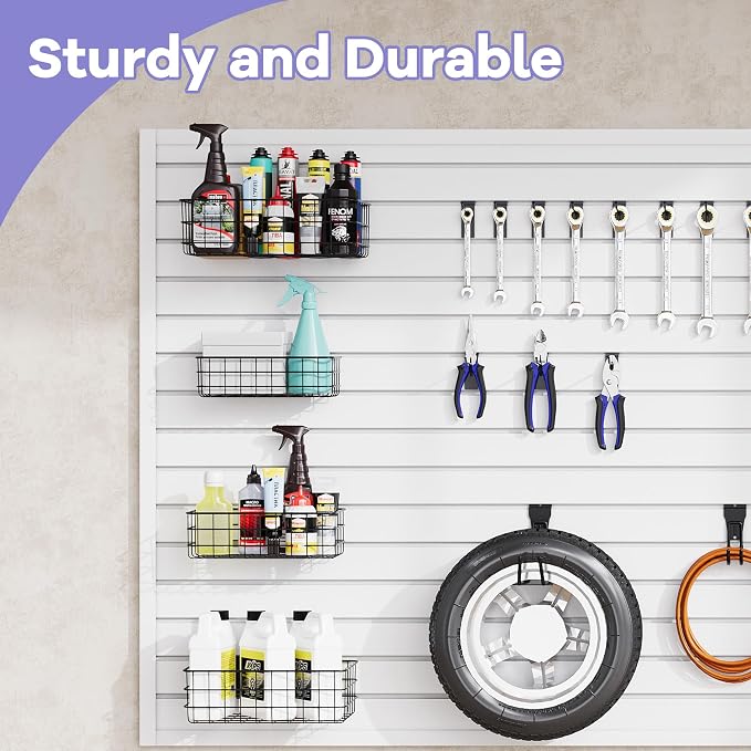 SMARTSTANDARD 30PCS Slatwall Accessories, Includes 4PCS Wall Baskets and 26PCS Multi Shapes(J/U/Straight) Hooks, Accessory for Garage Wall Organizer & Retail Display