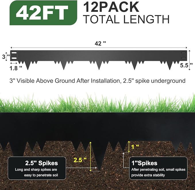 Metal Landscape Edging Border 12 Packs 42'' L x 5.5'' H, Galvanized Steel Garden Edging Border with 12 Stakes, Hammer-in Lawn Edging for Landscaping, Flower Bed, Yard, Pathway, Tree Ring (42ft Total)