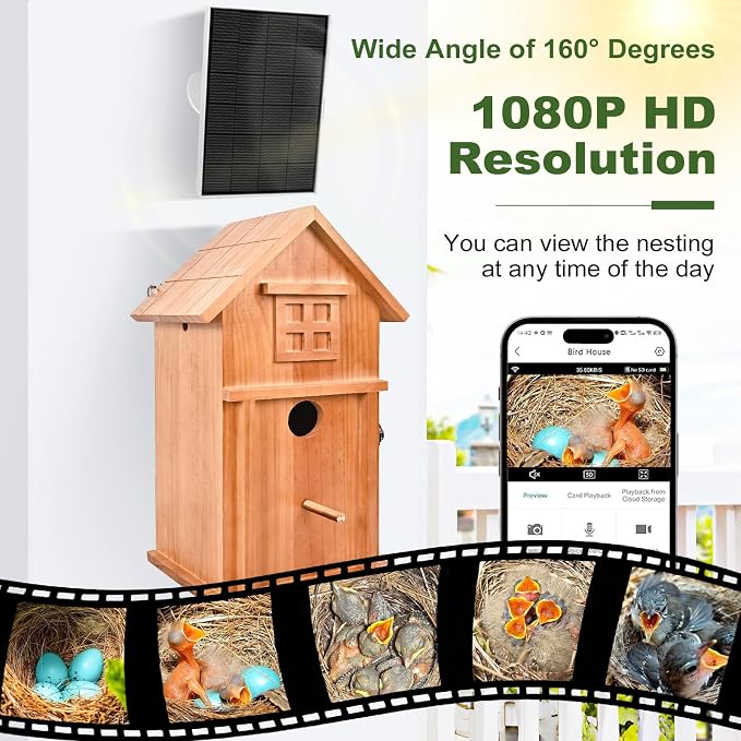 Bird House with Camera Solar Powered 1080P HD Outdoor Design, 2.4G WiFi, Auto Capture Bird Video & Motion Detection, Night Vision, (Dark)