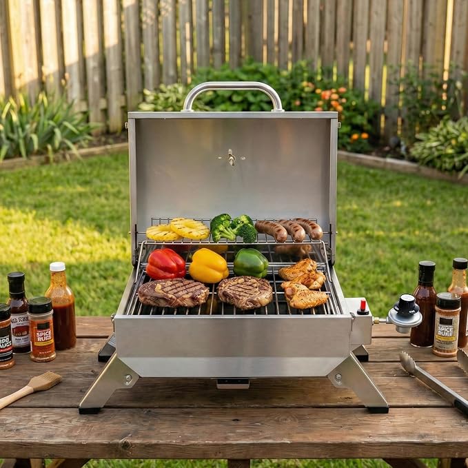 Royal Gourmet GT1001 Stainless Steel Portable Grill, 10000 BTU BBQ Tabletop Gas Grill with Folding Legs and Lockable Lid, Outdoor Camping, Deck and Tailgating, Silver