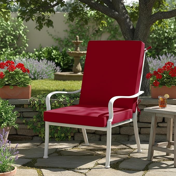 Summsun Patio Dining Seat Cushions, High Back Outdoor Chair Cushion with Water Resistant Removable Covers, Ties, Non-Slip Bottom for Garden Lawn Patio Furniture, 44 x 20 Inch, Burgundy