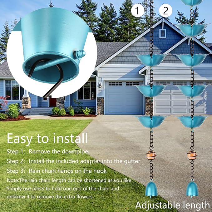 8.2FT Wrought Iron Rain Chain, Blue with Purple Accents, 16 Flower Cups, Gutter Adapter & Decorative Bell, Outdoor Garden Decor