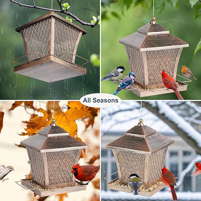 MYITYARD Bird Feeder for Outdoors Hanging, 4 lbs Large Capacity Metal Wild Bird Feeders - Vintage Bronze Finish Rust-Resistant Birdfeeder for Garden Yard Balcony Decor, Easy Fill, Thickened