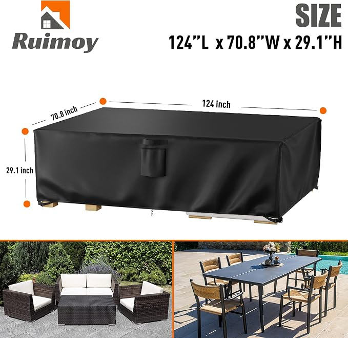 Ruimoy Patio Furniture Covers, Outdoor Furniture Cover Waterproof, General Purpose, Outside Table and Chair Covers, Heavy Duty 600D (124 Inch L x 70.8 Inch W x 29.1 Inch H)