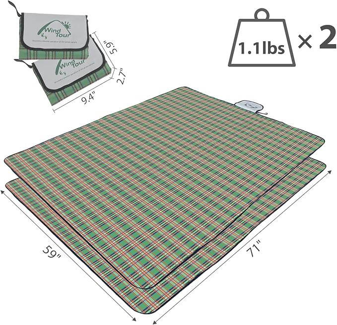 Wind Tour Waterproof Picnic Blanket with Carry Strap - Foldable Sandproof Outdoor Mat for Camping, Beach, Park - 59" x 71",Green(Two Mat Set)