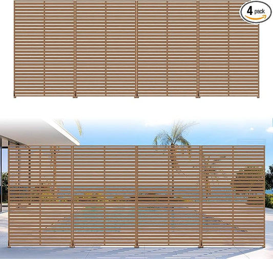 Outdoor Privacy Screen Panel 72" Freestanding Privacy Fence with Stand, HDPE Decorative Privacy Screens with Louvered 6 Panels, Weather-Resistant Panel Fence for Patio,Balcony,Pool, Brown