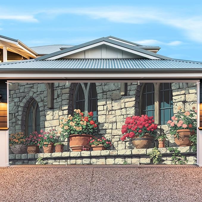 7 * 16FT Summer Garage Door Cover Decorations Sunset Palm Trees Garage Door Banner for Outdoor Indoor Summer Party Photography Backdrop (Flower pot-window, 6 * 13 ft)