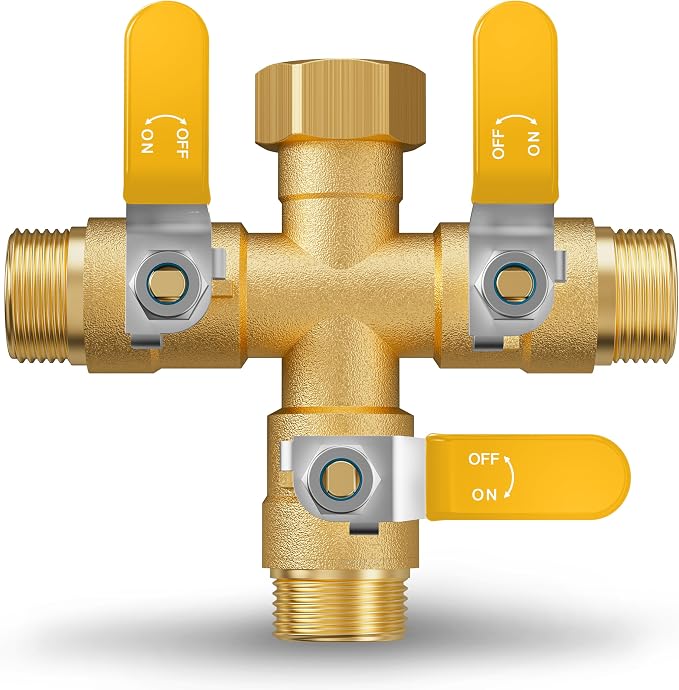 Garden Hose Splitter, 3 Way Heavy Duty Brass hose splitter, Water Hose Bib Spigot Splitter with 0.59" Full Flow Ball Valve Outlet & Shut-Off Valve 3/4'' Connector Outdoor Water Faucet Adapter (Yellow)