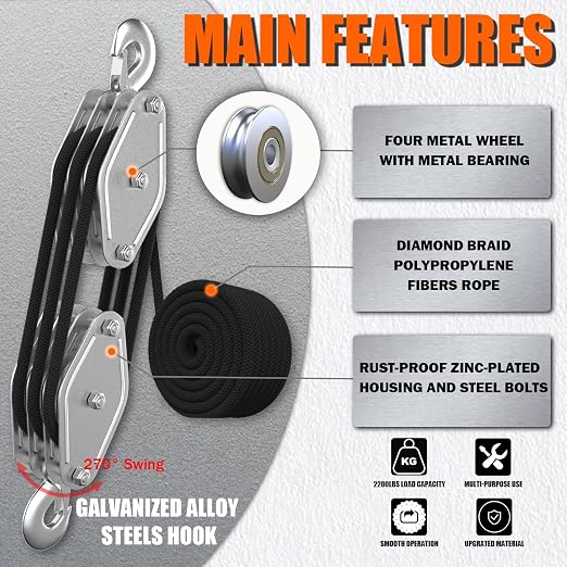 YATOINTO Rope Pulley Hoist with Bearing, 2200 LB Pulley Block and Tackle System 6:1 Power, Pulley Block 1100LB Loading Capacity, 50ft Heavy Duty Rope Hoist for Hunting Garage Warehouse Constructions