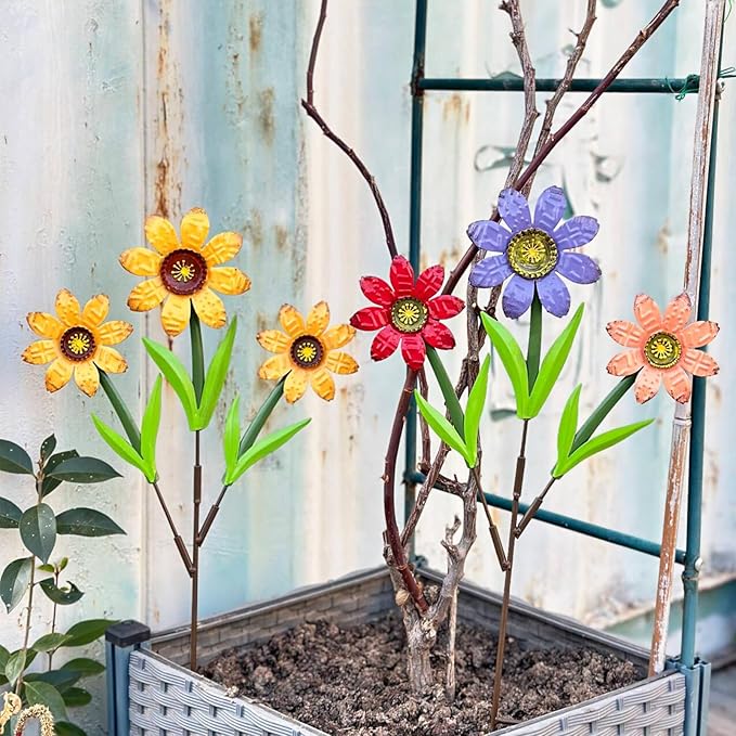 HUTHDAK Metal Flowers for Outside,2 Pack Large Colorful Decorative Garden Stakes Yard Art,Spring Garden Decor for Lawn, Pathway & Garden(21.9 * 12IN)