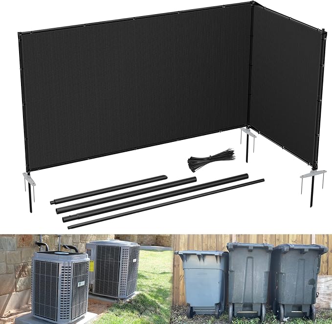 E&K 5'x3' Outdoor Privacy Screen Fence Panel Freestanding Backyard Patio Privacy Pool Fencing Temporary Garden Dog Fence with Iron Poles and Rails (Black)