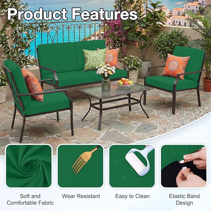 hyha Waterproof Outdoor Cushion Covers for Patio Furniture, Stretch Patio Chair Cushion Slipcovers, Coated UV Resistant Replacement Seat Covers, Solid Color (Green, 4PC)