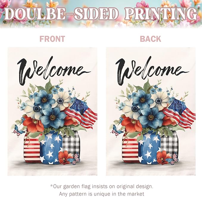 Patriotic Fourth of July House Flag Welcome Red White and Blue Mason Jar Flowers Garden Flags American Flag Floral Farmhouse Outdoor for Independence Day Memorial Day Veterans Day 28 x 40 Inch