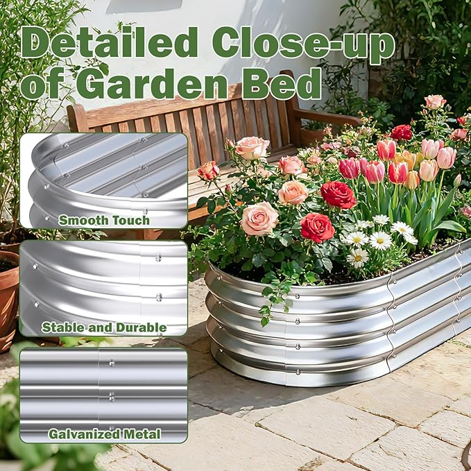 Galvanized Raised Garden Bed Outdoor, 4x2x1ft Metal Heavy Duty Planter Boxes for Gardening, Easy Assemble Bottomless Small Oval Plant Container Kit for Vegetable, Flower, Fruit, Silver, 1Pack