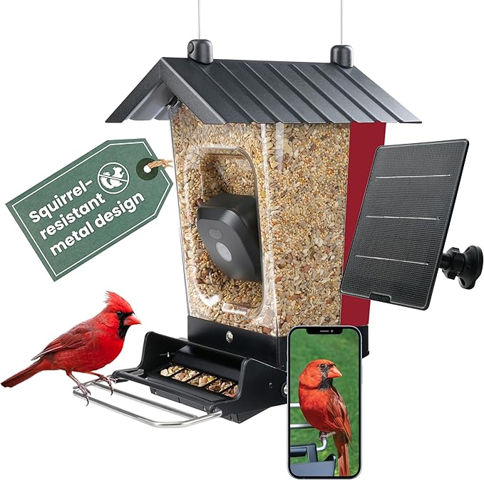 Perky-Pet Solar Powered Smart Bird Feeder with Camera - Squirrel-Resistant, 3.2L Capacity, Motion Activated 1080p HD WiFi Live Stream Camera, SPCAM, SPCAMSLR - Camera Feeder Gift Idea, Red