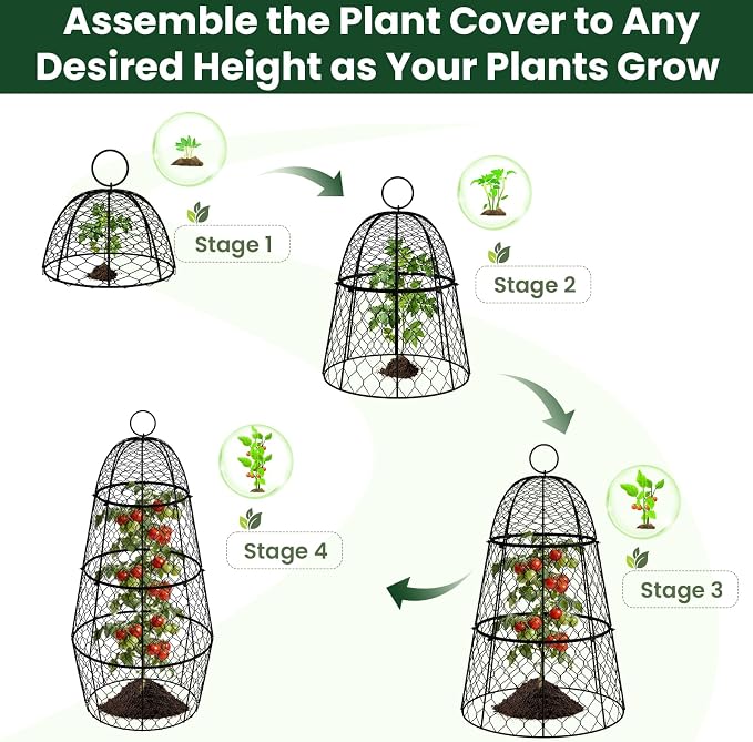 6 Pack Garden Cloche Plant Protectors from Animals, Adjustable 3-Tier Chicken Wire Plant Cages for Outdoor Plants, Stackable Metal Garden Cloches Keep Rabbits, Squirrels & Birds Away, 17.3" x 11.4"