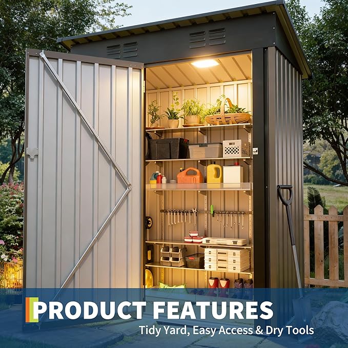 5x3 ft Outdoor Storage Shed with Lockable Door – Heavy Duty Metal Tool Shed with Dual Ventilation & Sloping Roof for Backyard, Garden, Patio, Bike & Equipment, Brown