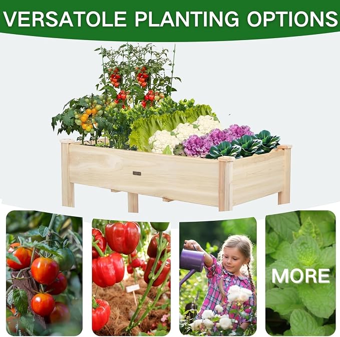 Elevated Wood Raised Garden Bed, 48 x 24 x 30in Wooden Planter Box with Legs, 210LBS Capacity, Non-Woven Liner & 6 Drainage Holes for Backyard Patio Balcony Vegetables Flowers Herbs