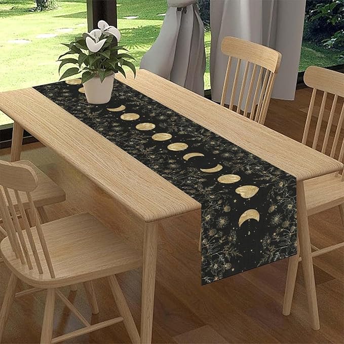 Floral Moon Table Runner, Boho Gothic Spring Flower Gold Moon Phase Seasonal Garden Mystical Rustic Coffee Table Center Decor for Family Kitchen and Living Outdoor Farmhouse Table Decorations, 13"x72"